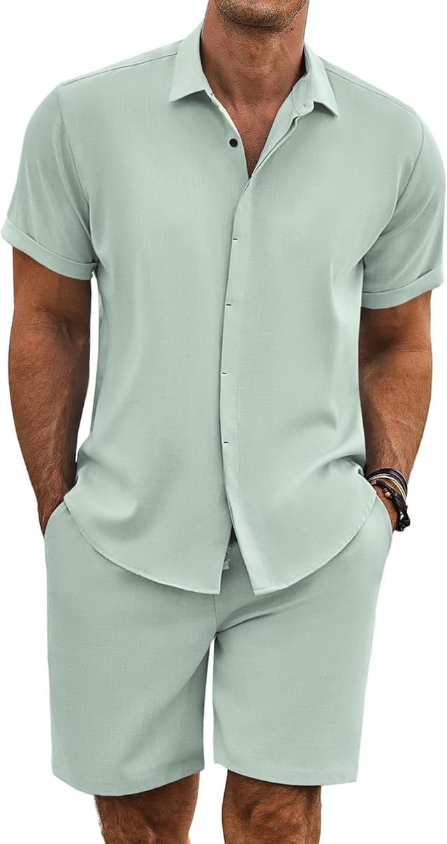 Detalle de COOFANDY 2-Piece Linen Beach Set 2️⃣0️⃣📦 👕👖🌴