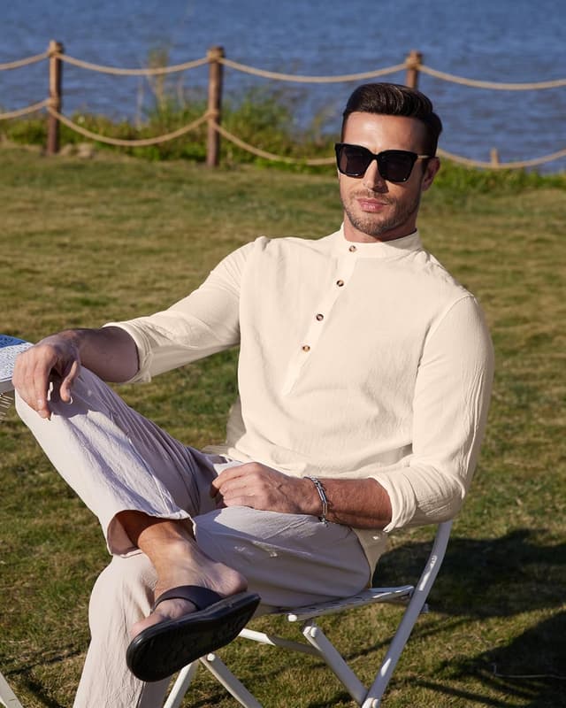 Detalle de YAOBAOLE chemise lin homme à manches longues (style henley, mao) – coton lin léger pour l’été