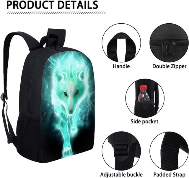 Detalle 2 de Amzbeauty Teal Wolf Print Backpack for Students (Boys) – Teal school bag