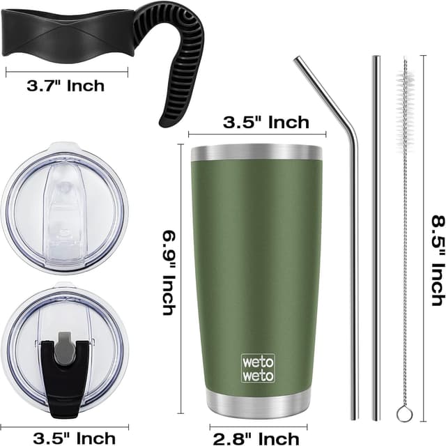 Detalle de WETOWETO 20-Ounce Double-Wall Stainless Steel Coffee Tumbler with 2 Lids and 2 Straws