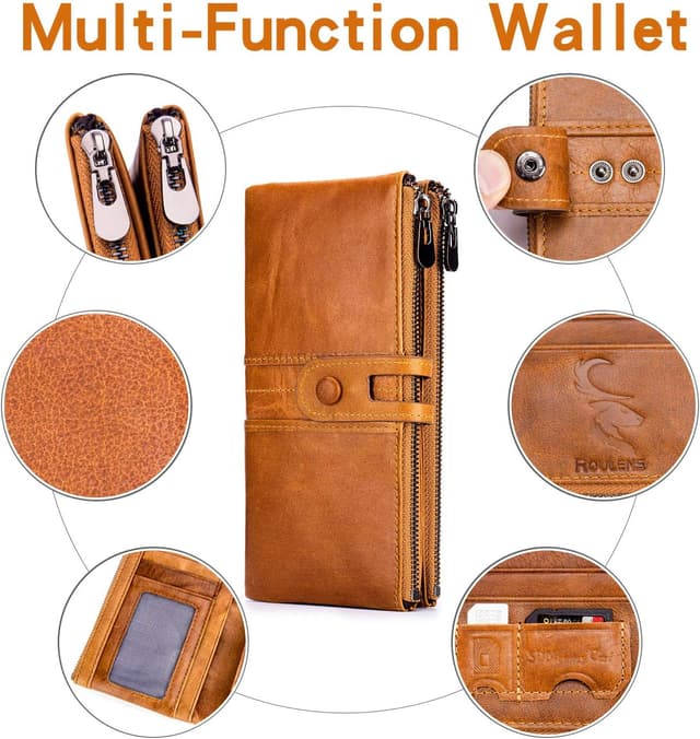 Detalle de Roulens Genuine Leather women’s slim zip bifold clutch wallet with RFID blocking