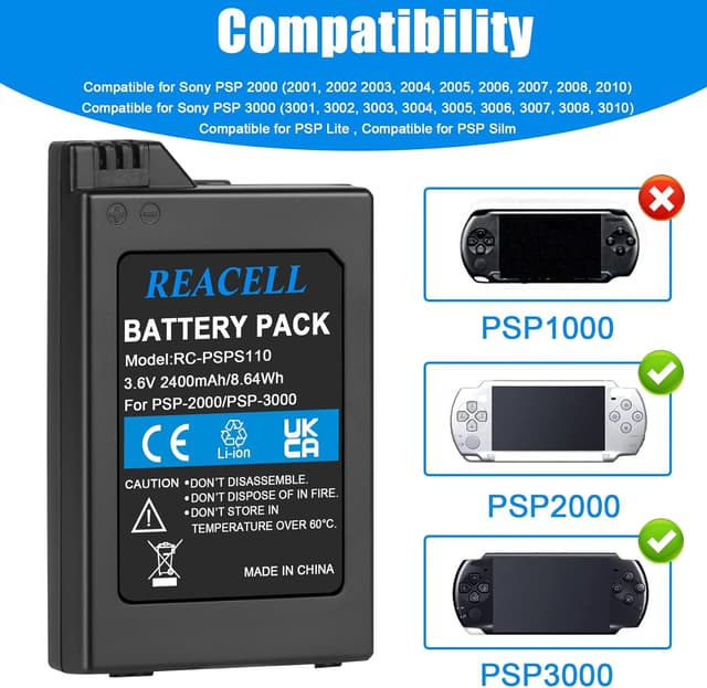 Detalle 2 de REACELL Ersatzakku 2400 mAh 3,6 V für Sony PSP-S110 (kompatibel u. a. mit PSP-2001/3000/3004)