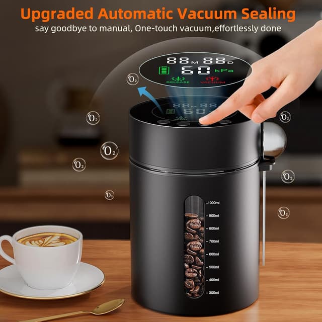 Detalle 2 de Automatic Vacuum Coffee Canister (1.3L) with Smart Pressure Sensor, LED Window & Rechargeable Battery