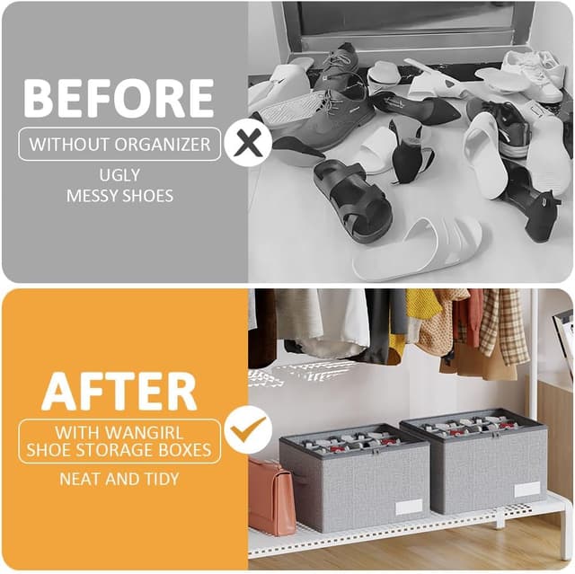 Detalle de WANGIRL Fabric Shoe Storage Box (Grey) – Foldable organiser for 12 pairs with clear zip lids