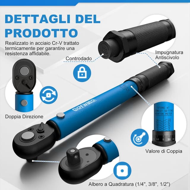 Detalle de GoYwato set di chiavi dinamometriche 1/4”, 3/8” e 1/2” (3 pezzi) con precisione ±3%