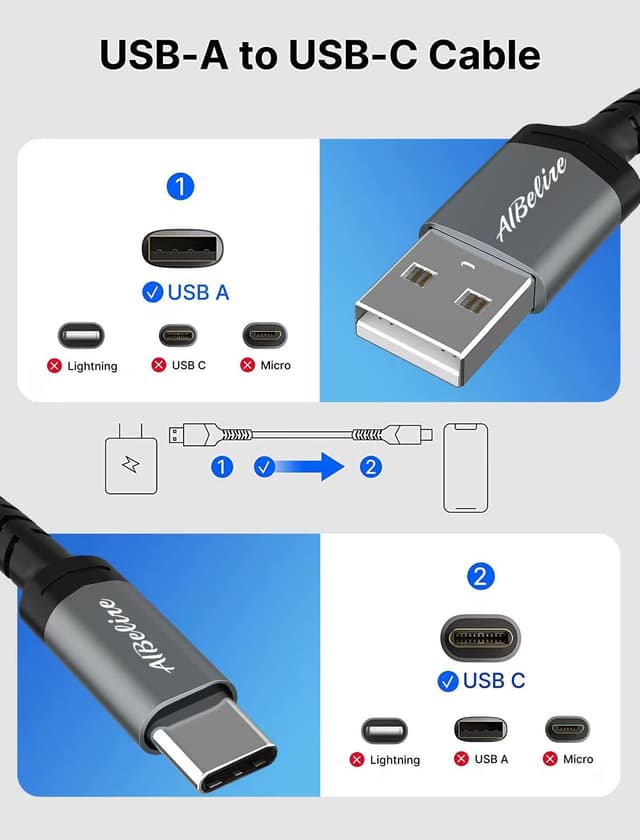 Detalle de AIBelire USB-C Cable 4-Pack (1m + 2m + 2m + 3m) Fast Charging, Nylon Braided Type C Charging Lead