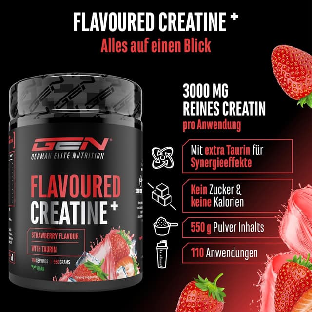 Detalle 2 de German Elite Nutrition Flavoured Creatine Pulver (Strawberry) – Creatin-Monohydrat mit L-Taurin, 550 g