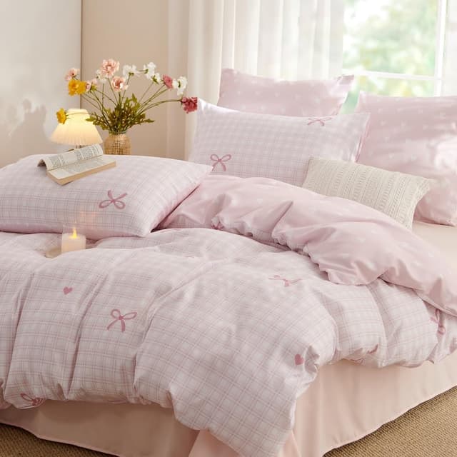 Detalle de Housse de couette Freyamy 140x200 à carreaux vichy rose (microfibre) avec taie 65x65 cm et fermeture éclair