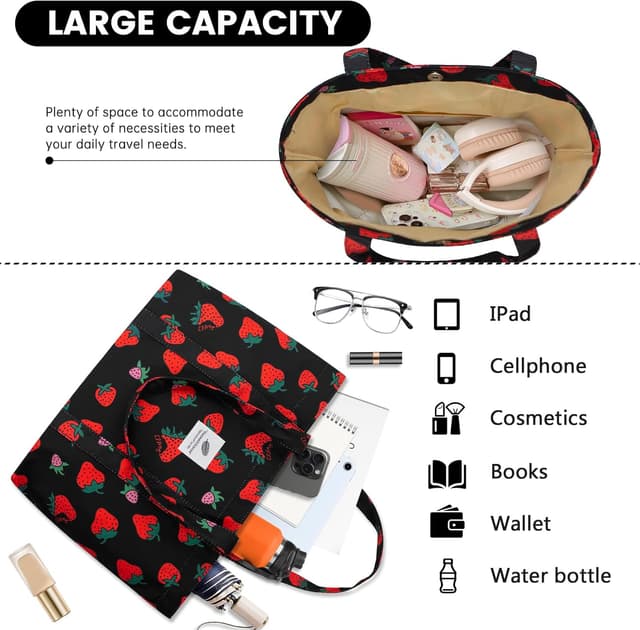 Detalle de YAMEIZE Strawberry Tote Bag for Women & Girls – Large Nylon Cherry & Strawberry Shoulder Tote with Inner Pocket