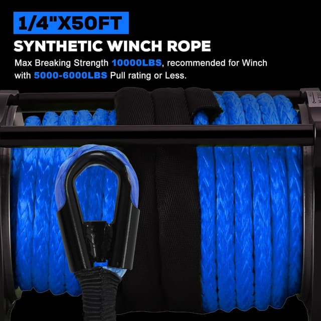 Detalle de Synthetic Winch Rope Kit (1/4 in x 50 ft) with 10,000 lb Break Strength, Blue UHMWPE Rope & Protective Sleeve