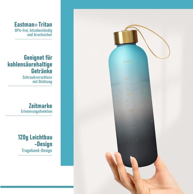 Detalle de Opard Trinkflasche 1L/800ml (800ml) aus Tritan, auslaufsicher – mit Zeitmarkierung