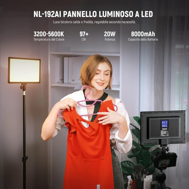 Detalle 2 de NEEWER Pannello Luce Video a 192 LED bicolore 3200K–5600K dimmerabile con batteria al litio 4000mAh