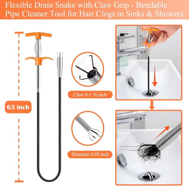 Detalle 2 de Drain Snake Hair Drain Clog Remover Tool Set (flexible grabber claw, sink cleaner + spring snake)
