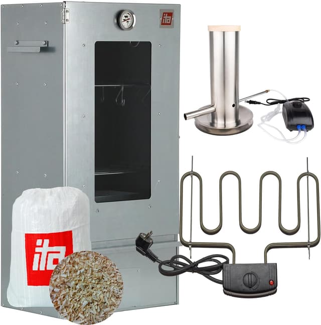 Detalle de ITA Fumoir Électrique 7000 : ensemble smoker à 3 niveaux avec chauffage, générateur de fumée et fenêtre