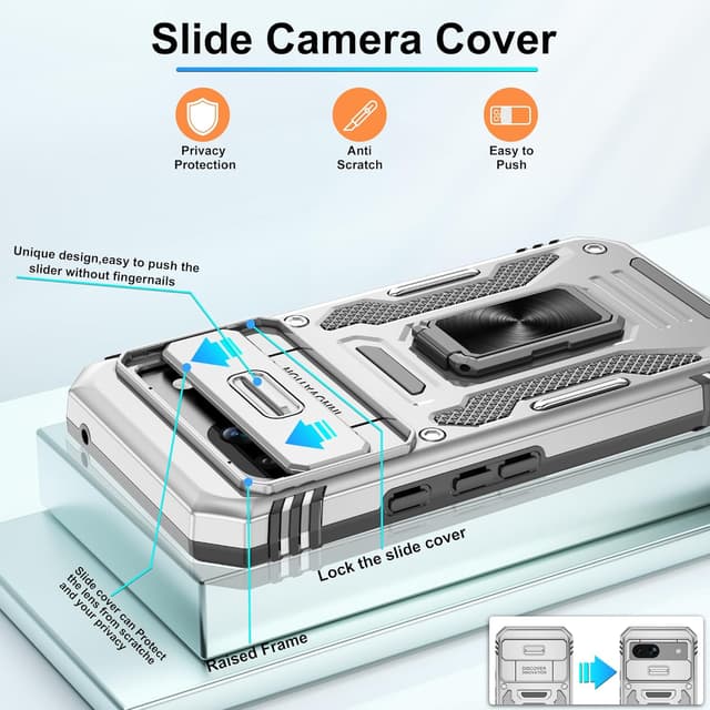 Detalle 2 de Jshru Shockproof Case for Google Pixel 8a with 2-Pack Screen Protector (Grey) + Ring Stand