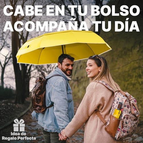 Thumbnail 7 de Royal Walk paraguas de viaje plegable antiviento con doble toldo ventilado, mango de madera y apertura automática (amarillo, L)