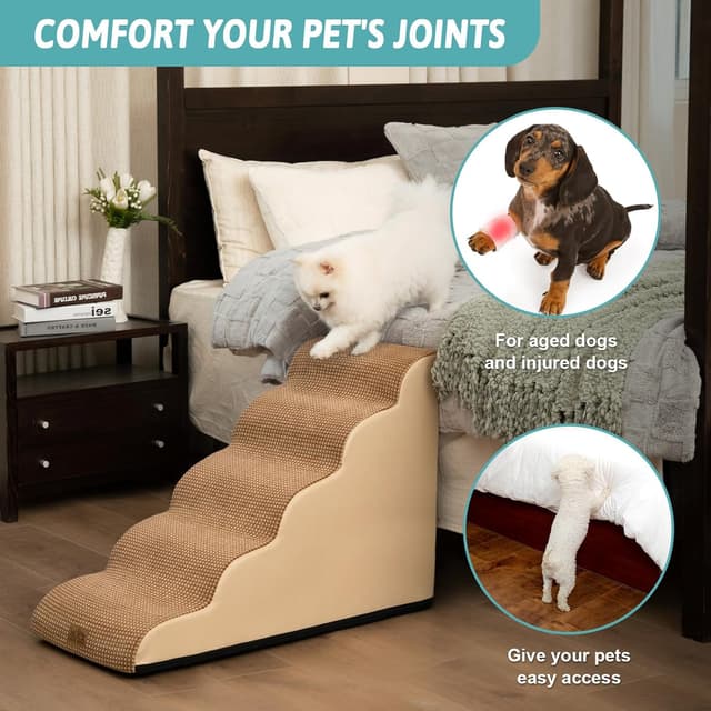 Detalle de Cozy Kiss Dog Stairs for High Bed (22.6" H) – 5 Tiers, Leakproof Cover, High-Density Foam Pet Steps, Light Brown