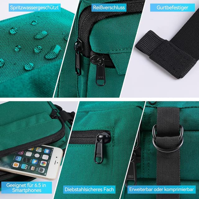 Detalle de AGPTEK Bauchtasche für Herren und Damen – wasserdichte Gürteltasche mit 5 Fächern und RFID-Schutz