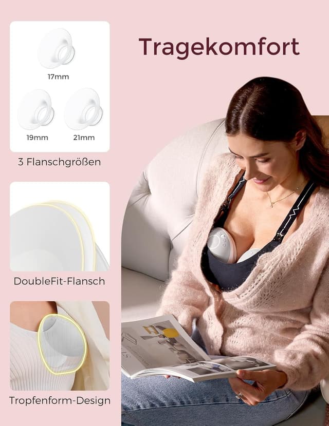 Detalle de Momcozy Mobile Flow M9 Upgrade Freihändige Milchpumpe (App-Steuerung, 15 Stufen) – Grau, 2 Stück, 24 mm