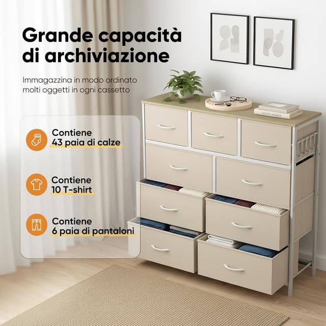 Detalle de HOKEEPER Cassettiera in tessuto con 9 cassetti, mobile salvaspazio 100x30x100 cm (beige)