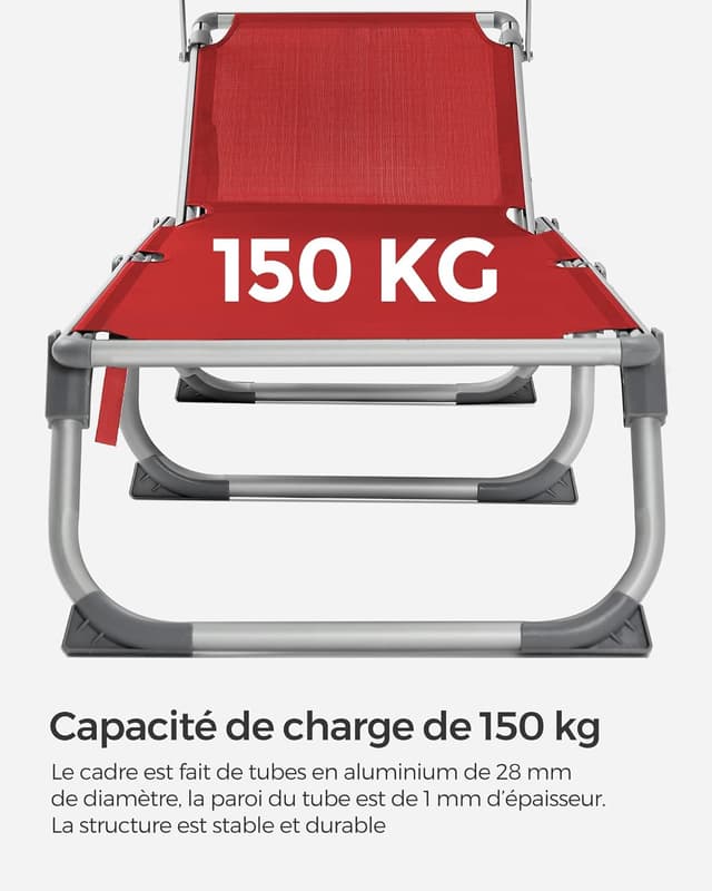 Detalle de SONGMICS Bain de Soleil pliable GCB19RD : transat rouge avec pare-soleil et dossier inclinable