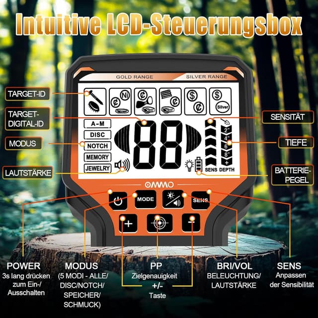 Detalle de OMMO Type-C Metalldetektor für Erwachsene im Profi-Set (6 Modi, IP68 10'' Spule, 70–125 cm)