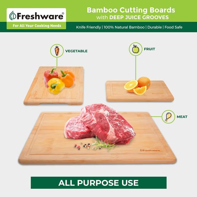 Detalle de Freshware Bamboo Wood Cutting Board Set of 3 with Juice Grooves (9x6", 12x8", 15x10")