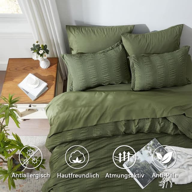 Detalle de Freyamy Seersucker Bettwäsche 135x200 cm (2-teilig) Olivengrün, geprägt Streifen, mit Reißverschluss