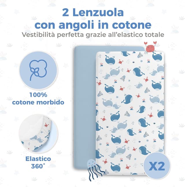 Detalle de Dreamzie set 3 in 1 per culla neonato: 2 lenzuola 50x83 cm + 1 coprimaterasso impermeabile