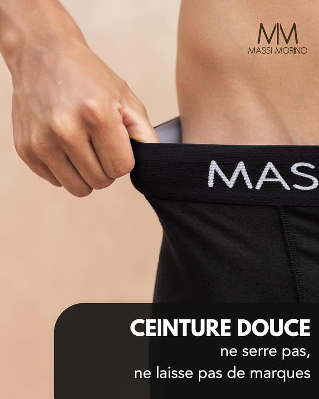 Detalle de Boxers homme en coton sans étiquette (lot de 6 ou à l’unité) Massi Morino – noirs, ceinture élastique, S à XXL