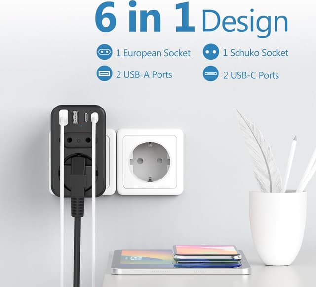 Detalle 2 de JSVER 3680W (max 16A) multipresa con 1 Schuko, 1 presa europea e 4 porte USB-C/USB-A