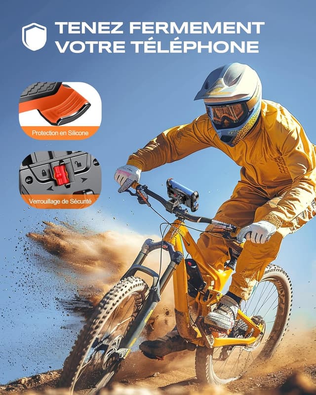 Detalle de Support téléphone vélo CIRYCASE avec pince robuste et protection antivibratoire, rotation 360°