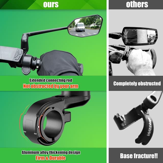 Detalle de RBRL Bike Mirror for Ebike, Aluminium Alloy Handlebar Mount Rear View (Right) – Anti-shake, Foldable HD Glass