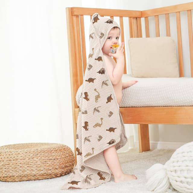 Detalle de Susurration Baby Handtuch mit Kapuze (4-lagig, Musselin-Baumwolle) – 2er-Set mit Dinosaurier-Motiv
