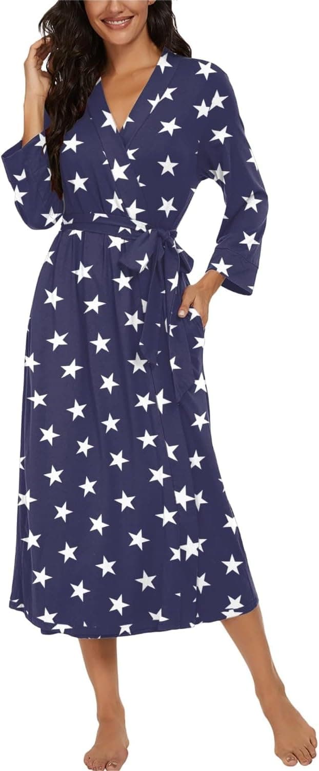 Detalle de PrinStory Damen-Bademantel mit 3/4-Ärmeln, V-Ausschnitt & Kimono-Schnitt – leichter Morgenmantel für Sauna, Bad und Alltag