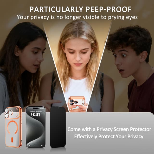 Detalle de Misscase Magnetic for iPhone 17 Pro Clear Case with Camera Lens Protector & Privacy Screen (Orange edges)