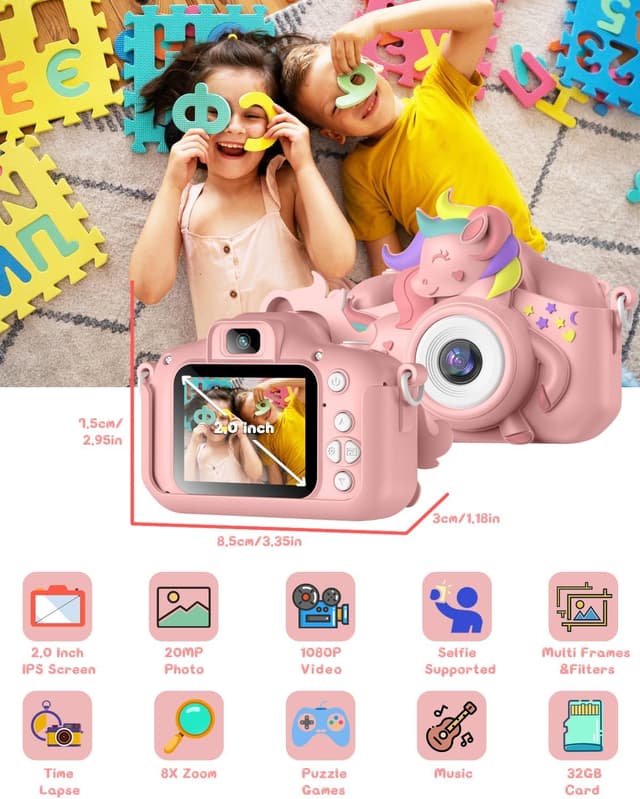 Detalle 2 de Gofunly Kids Camera (1080P HD) with 32GB Card, 2.0-inch Screen and Case Strap — selfie toy for ages 3–12