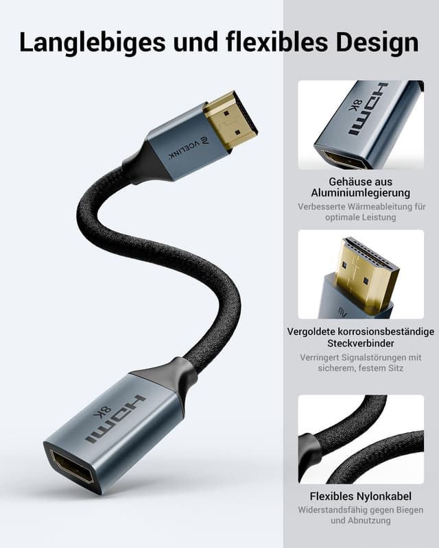 Thumbnail 5 de VCELINK HDMI 2.1 Verlängerungskabel 18 cm (8K@60Hz, 4K@120Hz) – Männlich auf Buchse