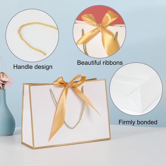 Thumbnail 6 de TACHIO 10 Pack luxury gift bags with golden bow ribbon (white), 32x25x10cm