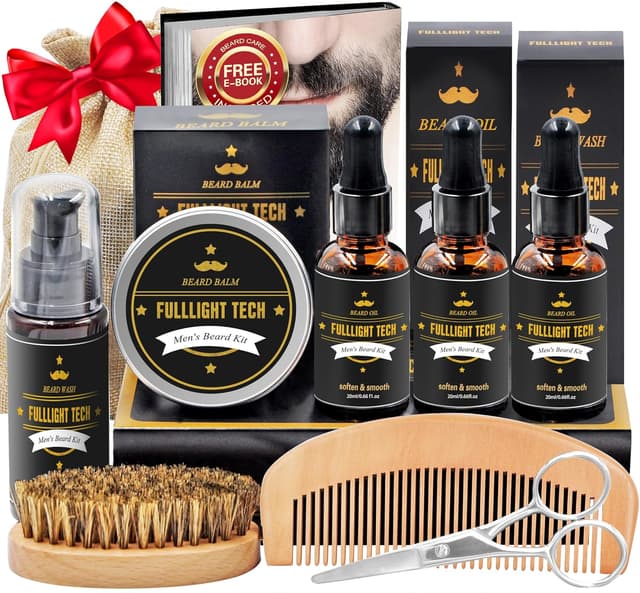 Detalle de FULLLIGHT TECH Beard Kit for Men: 3-Pack Beard Oil, Wash & Balm + Grooming Tools