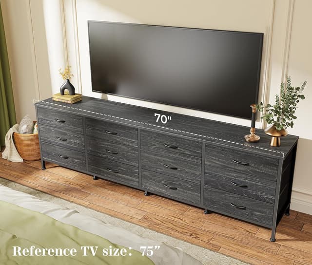 Detalle 2 de Huuger 70 Inch Dresser with 12 Fabric Drawers (Charcoal Black Wood Grain) — TV Stand for Up to 80 Inch Screens
