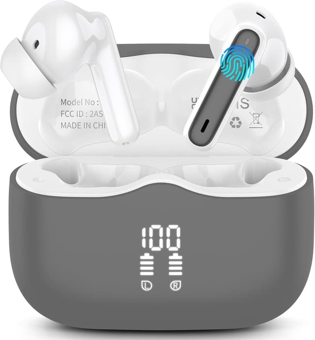 Detalle de Bluetooth In-Ear-Kopfhörer A97 Pro (Bluetooth 5.4) mit ENC, 4 HD-Mikrofonen, IP7 Wasserdicht & USB‑C Ladeetui – Grau