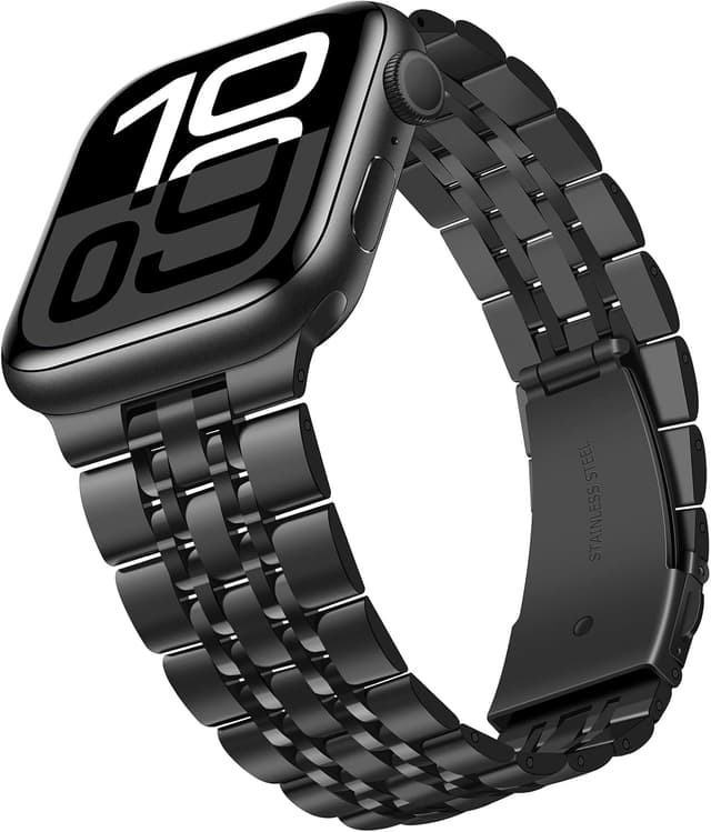 Detalle 2 de Tasikar stainless steel Apple Watch strap (compatible 42mm/41mm/40mm/38mm, Series 11–1, SE) – Black metal bracelet