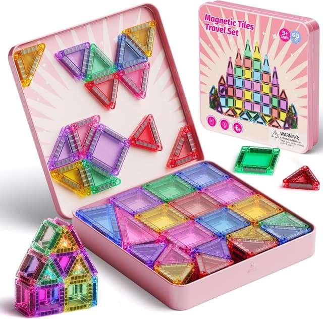 Detalle de iburge magnetische Bausteine Reisespielzeug – 60-teiliges Mini-Set in Metallbox, für Kinder ab 3 Jahren