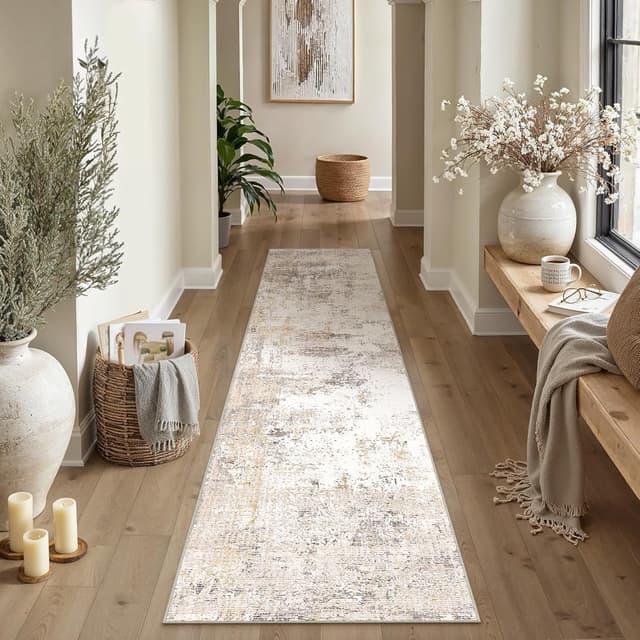 Detalle de HUGEAR waschbarer Läufer Teppich für Flur 80 x 300 cm in Beige-Grau (modern abstrakt, rutschfest)