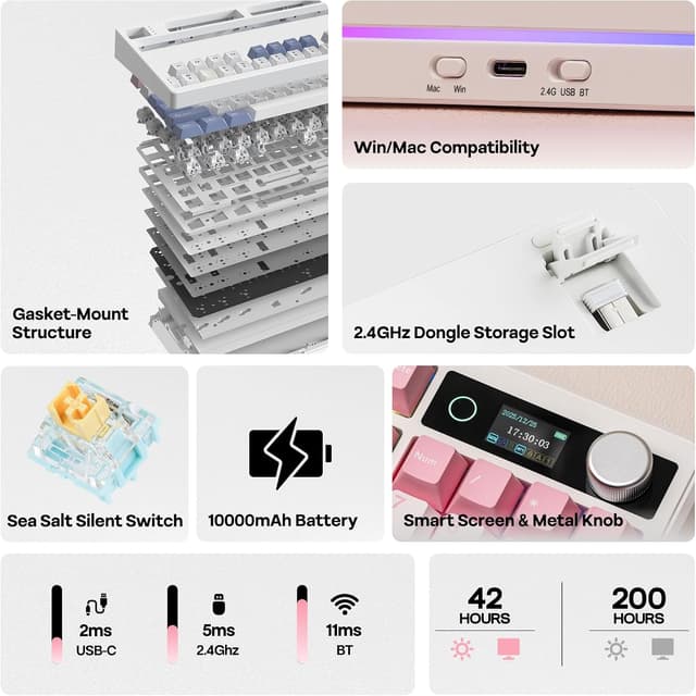 Detalle de EPOMAKER TH99 Pro 96% Wireless Mechanical Keyboard with Screen, Knob, 10000mAh Battery (Pink, Sea Salt Silent) — Hot Swap