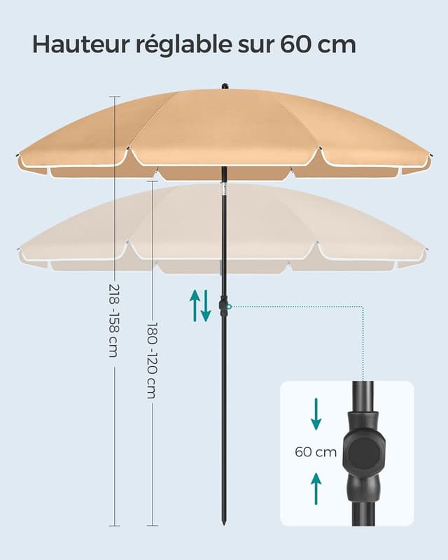 Detalle 2 de SONGMICS parasol inclinable 200 cm UPF 50+ (hauteur réglable, 30° dans les 2 sens) taupe
