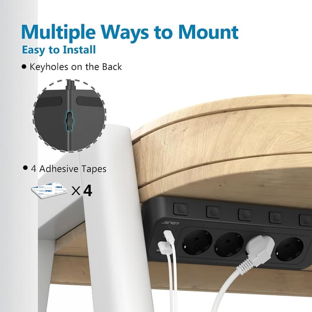 Detalle 2 de JSVER Desktop-Steckdosenleiste mit USB‑C-Ecksteckdose, 4-fach (2× Type‑C, 2× USB‑A) und Einzelschaltern