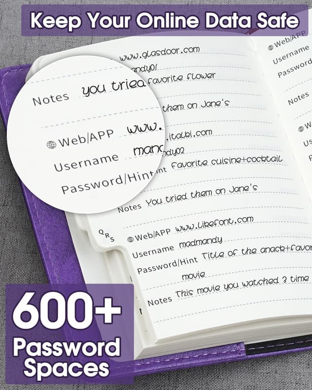 Detalle de WEMATE Passwortbuch mit Schloss (violett) – abschließbarer Passwort-Organizer mit alphabetischen Registern