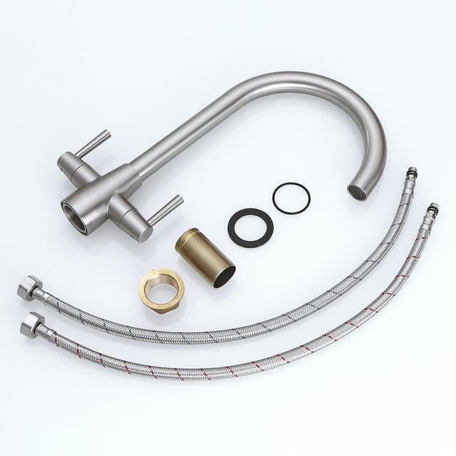 Detalle de Heable dual lever kitchen mixer tap with swivel spout, brushed nickel finish